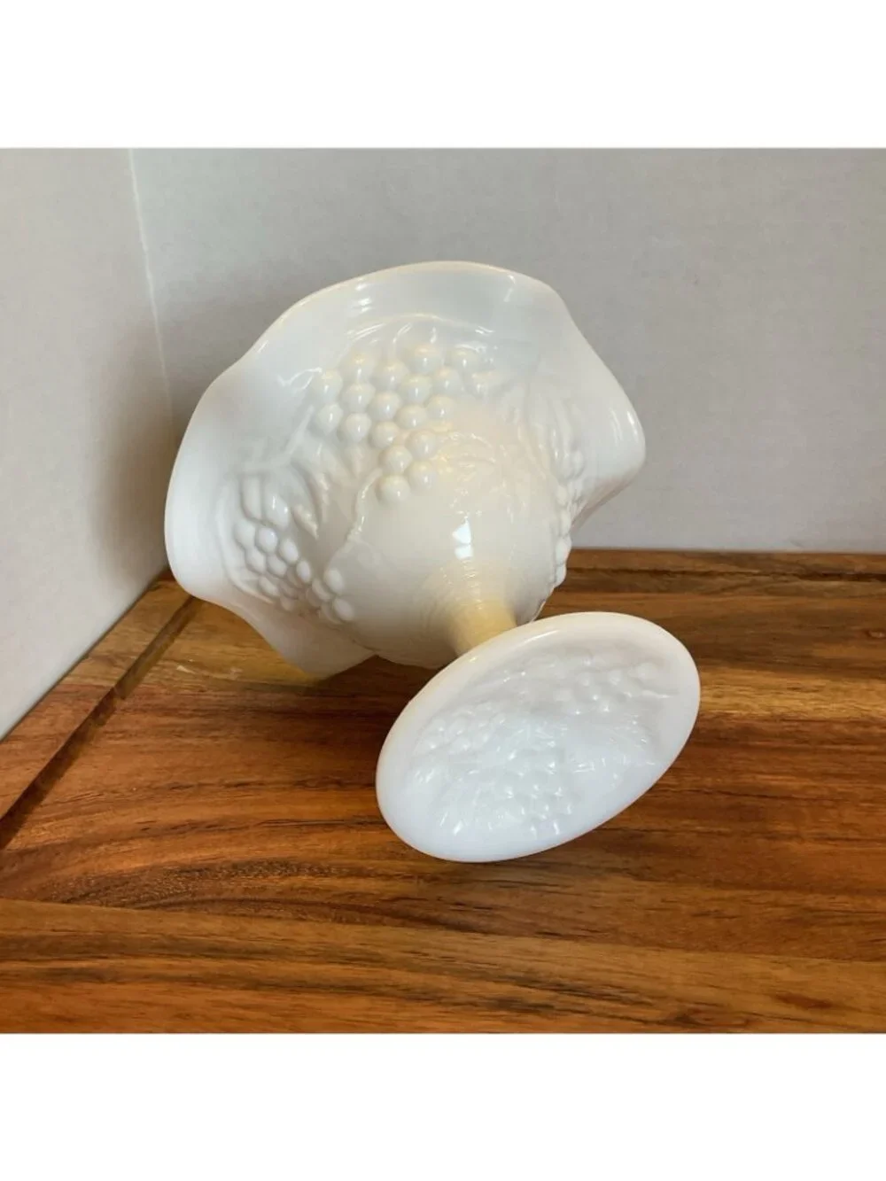 White milk Glass Wavy Footed Bowl With Grape Leaf embossed Pattern